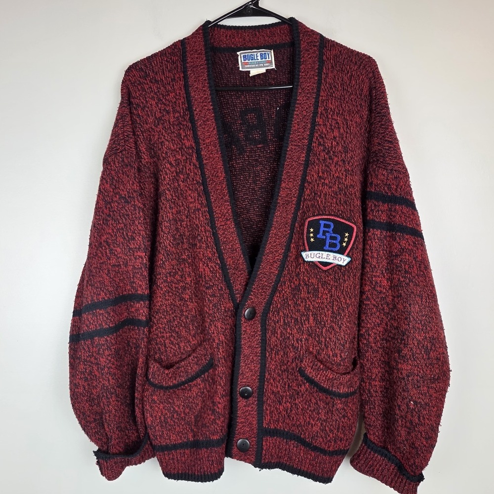 Vtg Bugle Boy Varsity‎ Cardigan Sweater Small Red Men Global Challenge  90's.C20